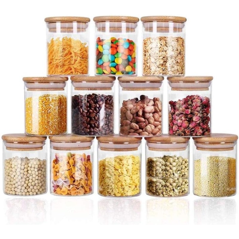Food Storage Set Glass - 12 Glass Jars Set with Bamboo