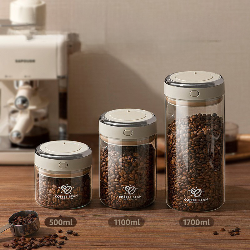 Food Storage Glass - 500/1100/1700ml Coffee Beans Vacuum Sealed Tank